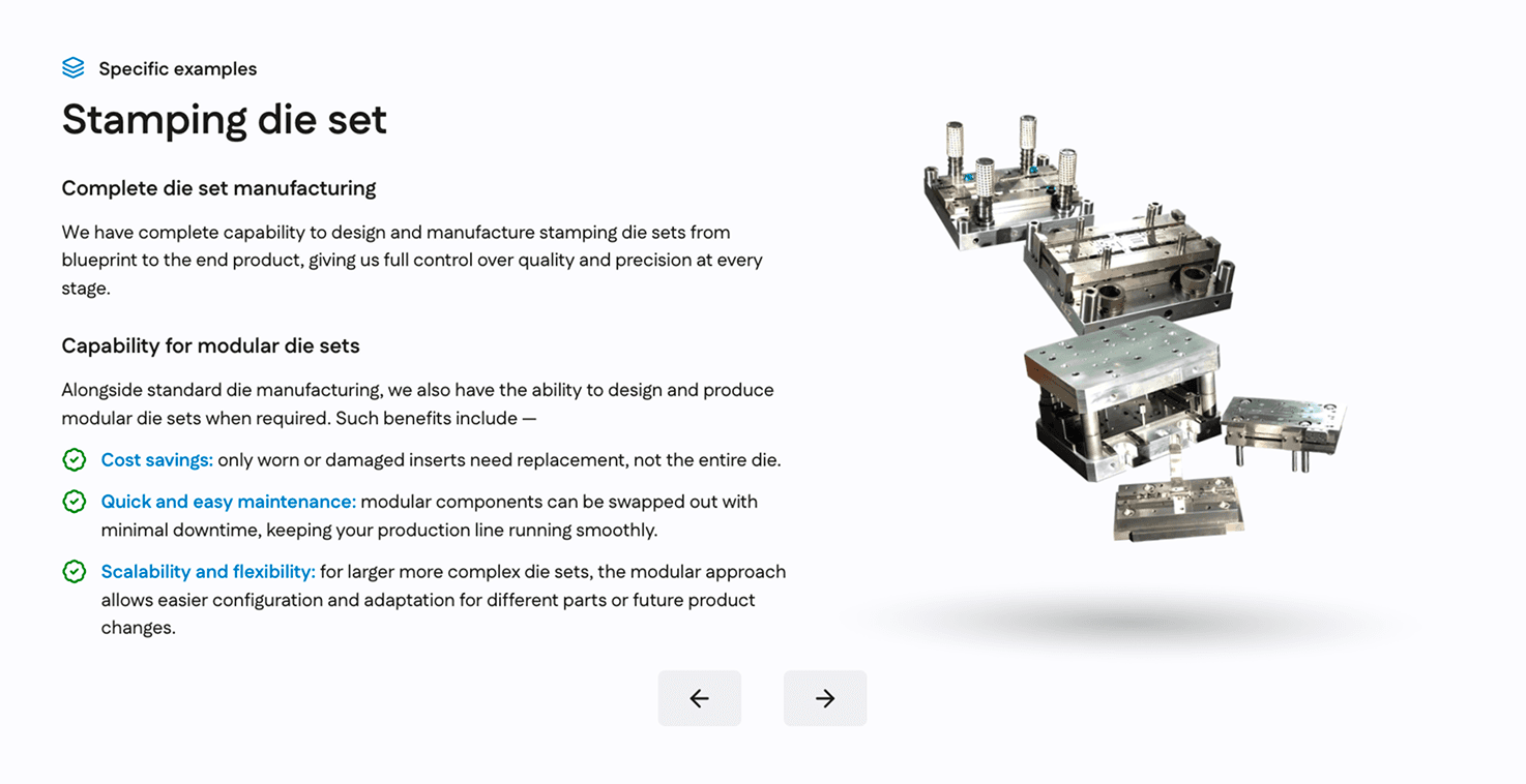 The stamping die set capabilities section