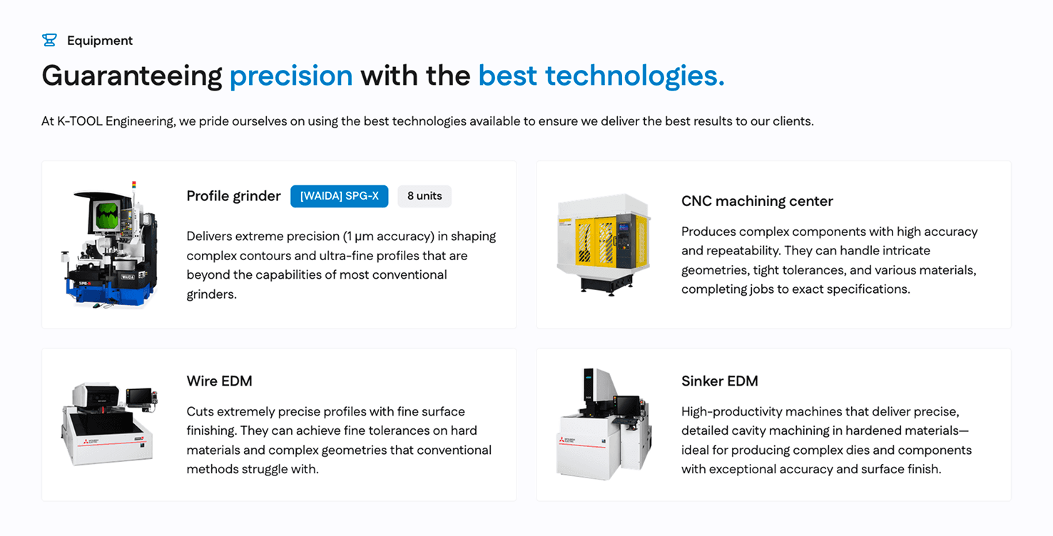 The equipment section, listing K-TOOL's machines