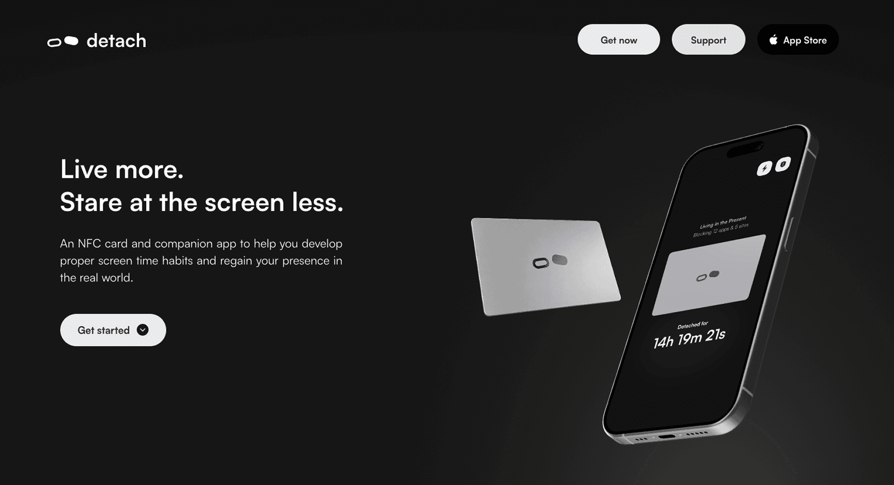 The Detach site's hero — “Live more. Stare at the screen less.”