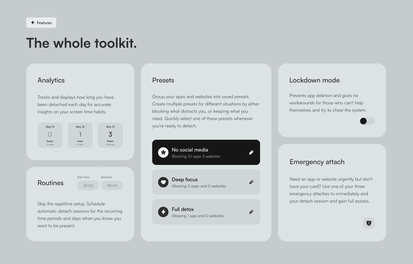 The site's feature section — “The whole toolkit.”